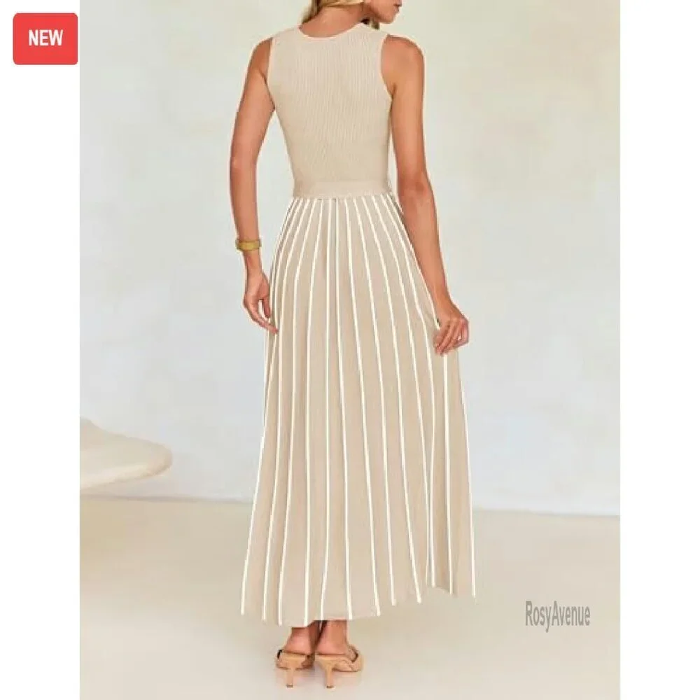 Sleeveless Maxi Dress Ribbed Knit Tie Waist A-Line Summer Casual